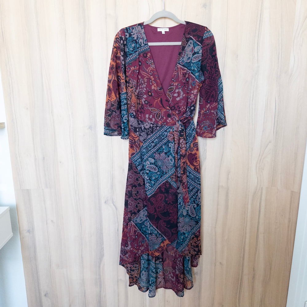 Spirit of Grace Patchwork Dress Small Burgundy Paisley Wrap High Low Boho